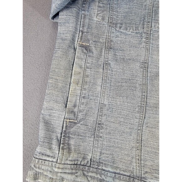 Avirex Denim Jacket Mens 2XL Blue Tribal Sleeve Graphic Button Up Distressed - Picture 9 of 15